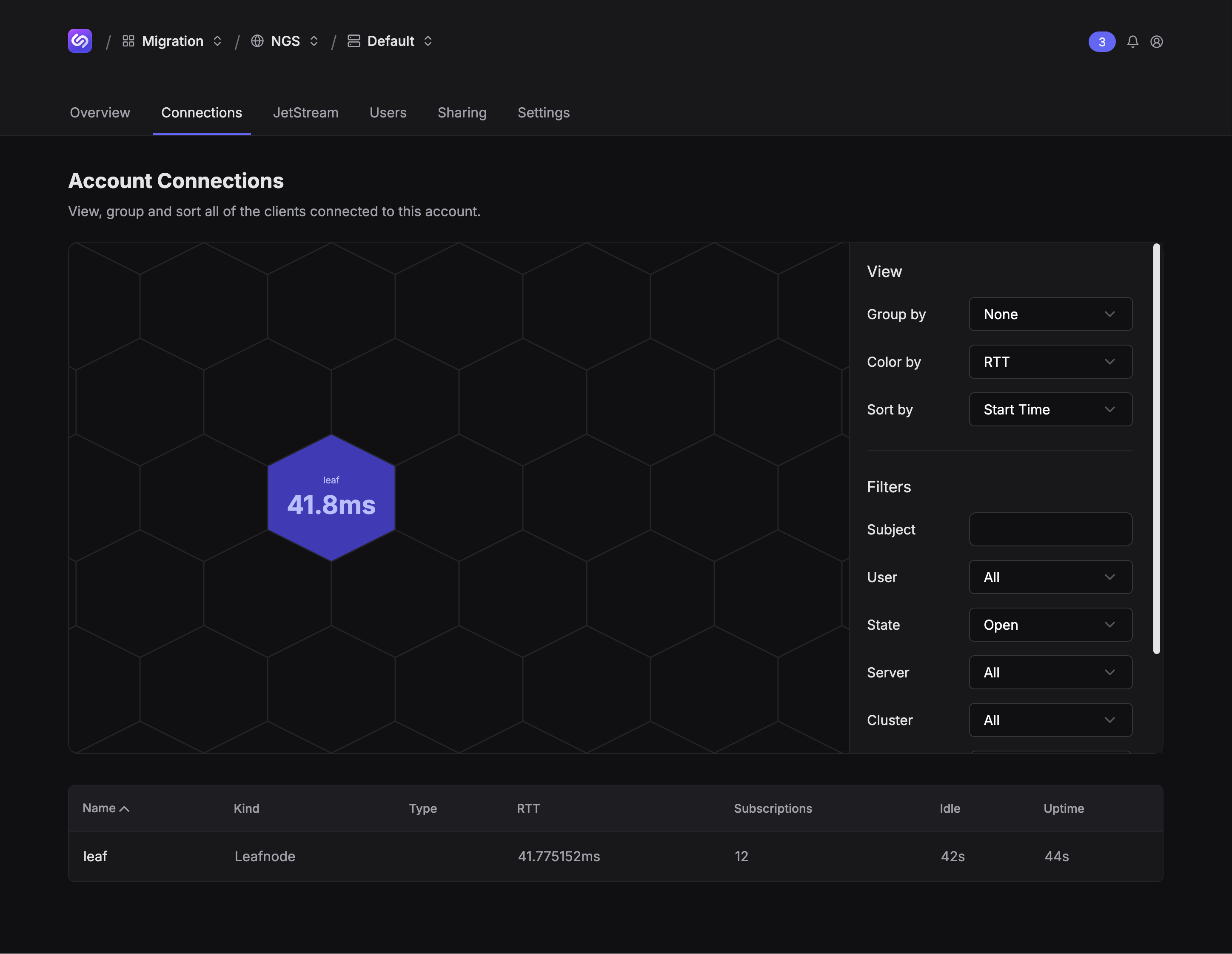 Synadia Cloud connection graphs showing the local NATS server connected as a leaf node